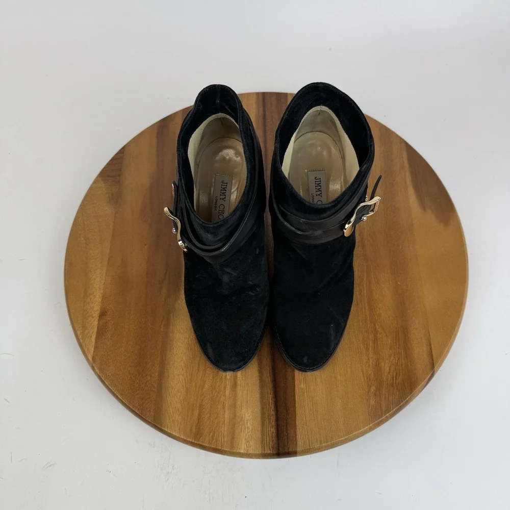 Womens Jimmy Choo Melba 80 Buckled Black Suede Block Heel Ankle Boots Size EU 38
